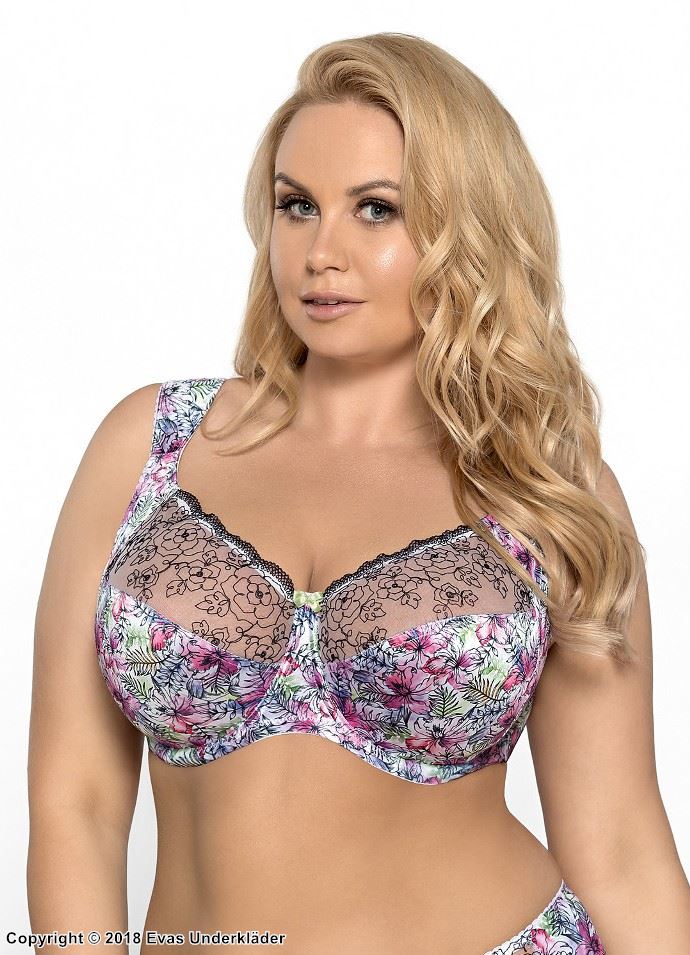 Full support bra, embroidery, mesh inlay, colorful flowers